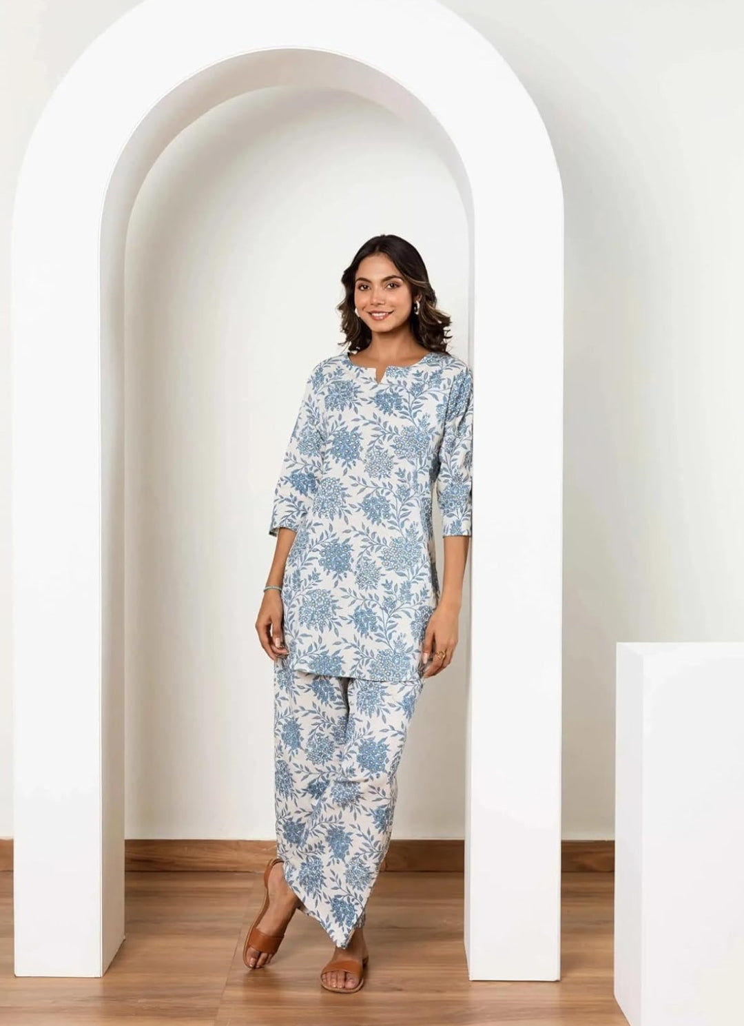 Women's Printed Cotton Blend Co-ord Set Sky Blue