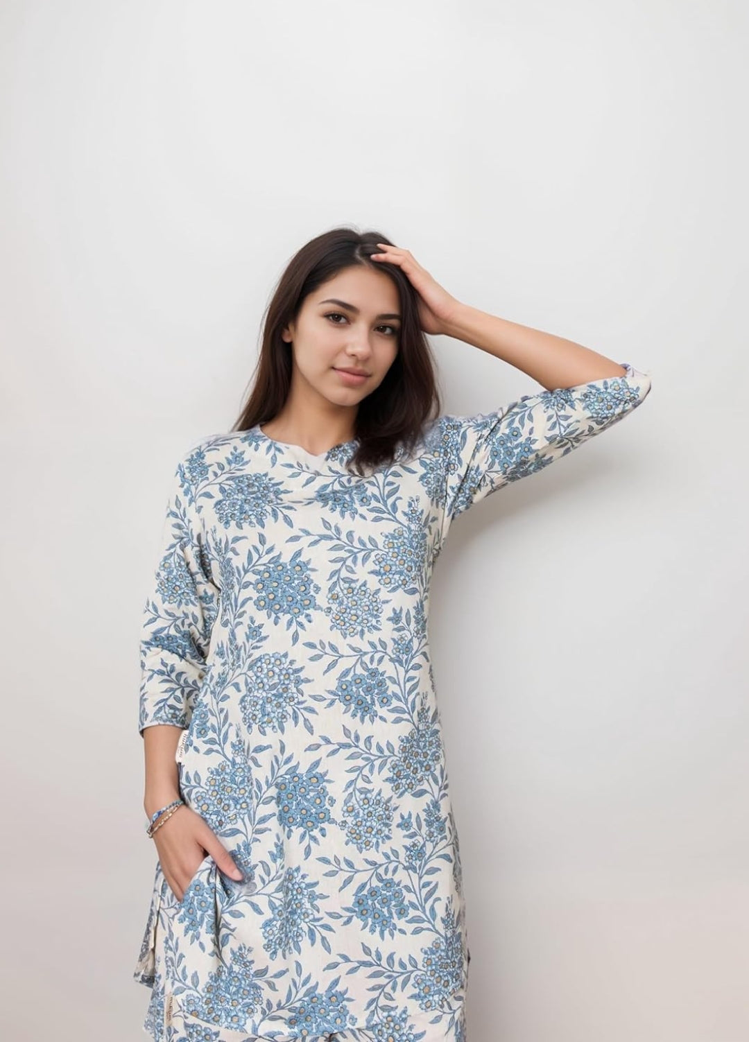 Women's Printed Cotton Blend Co-ord Set Sky Blue