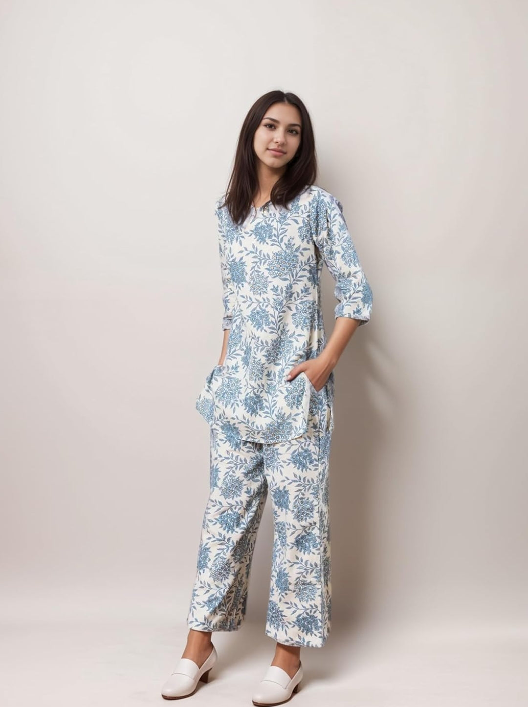 Women's Printed Cotton Blend Co-ord Set Sky Blue