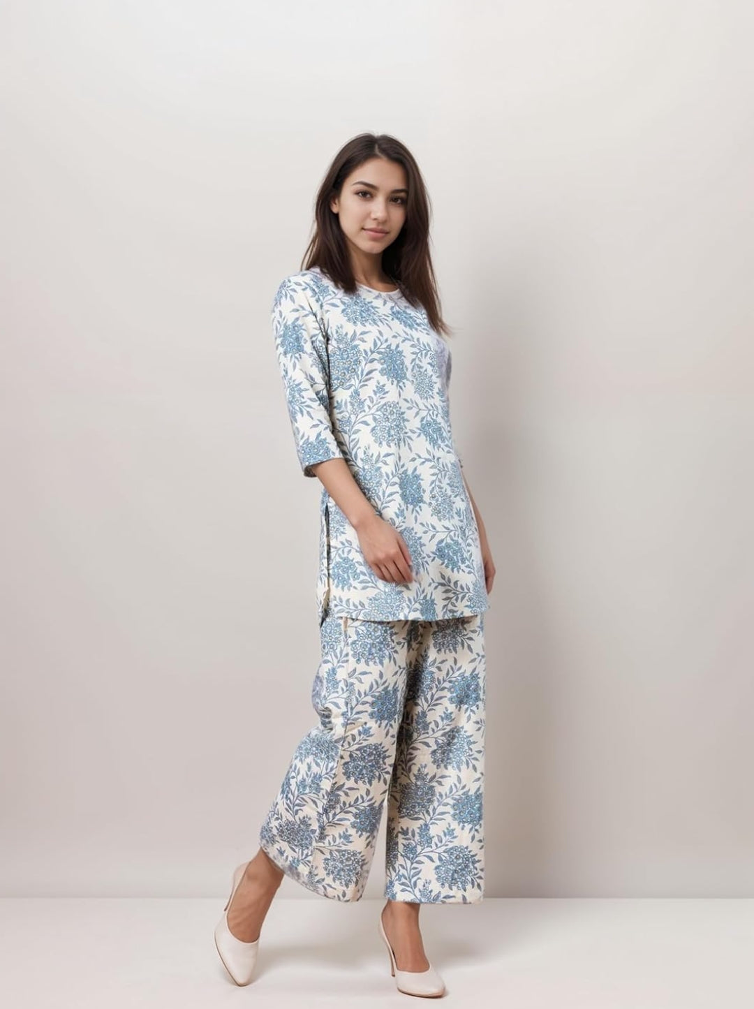 Women's Printed Cotton Blend Co-ord Set Sky Blue