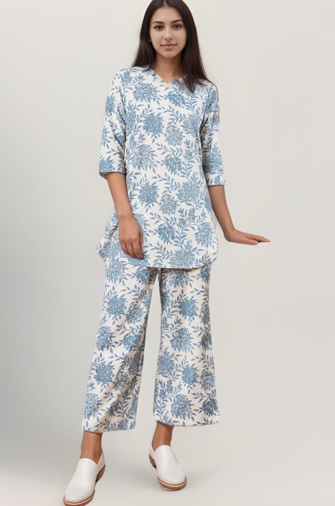 Women's Printed Cotton Blend Co-ord Set Sky Blue