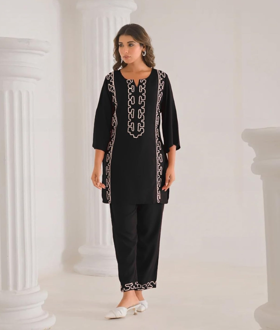 Women's Embroidered Cotton Blend Co-ord Set Black