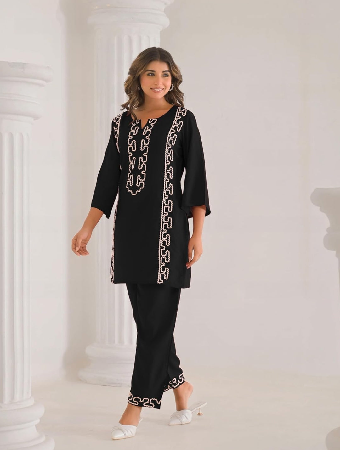 Women's Embroidered Cotton Blend Co-ord Set Black
