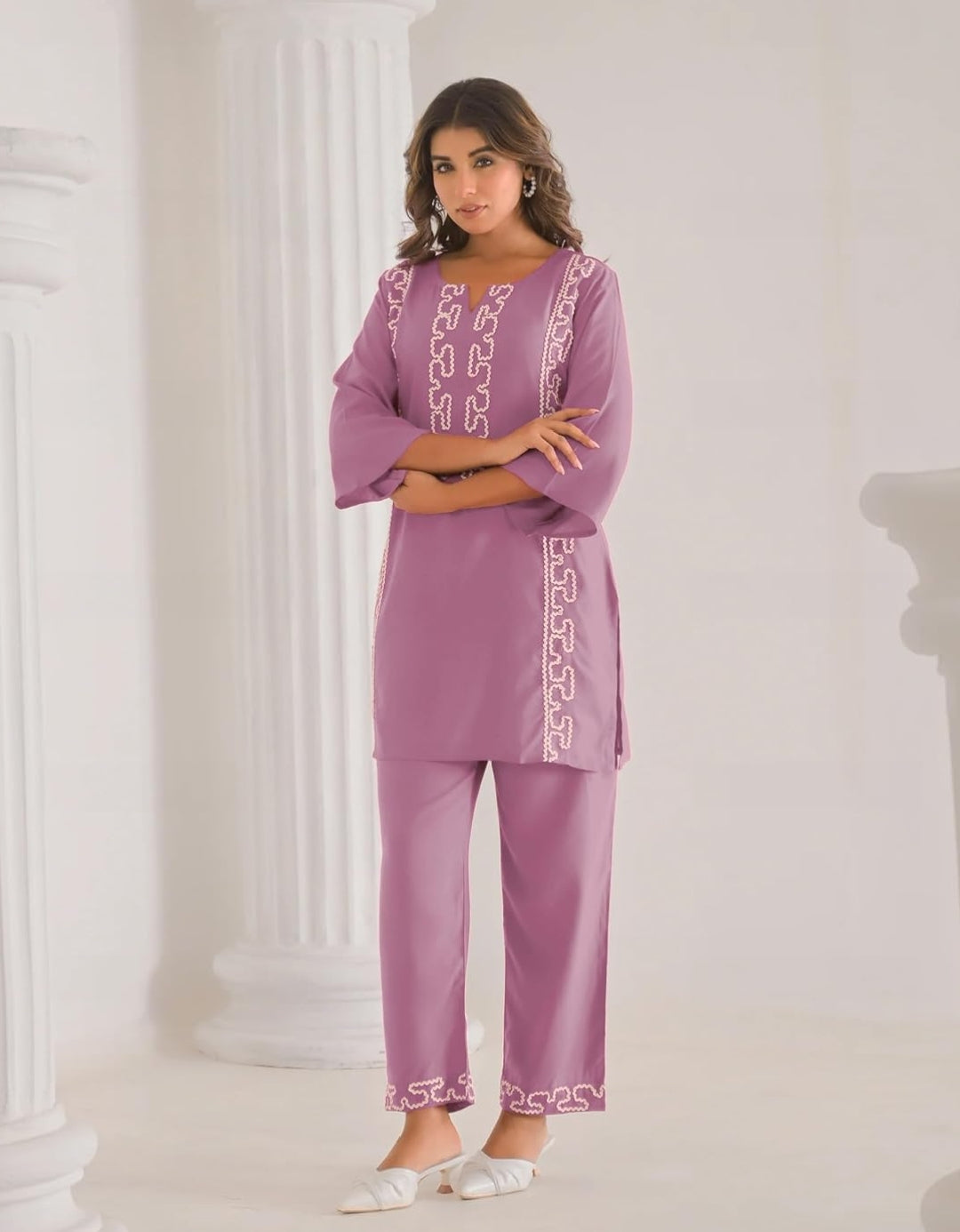 Women's Embroidered Cotton Blend Co-ord Set Pink