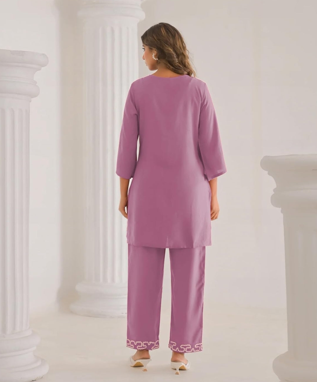 Women's Embroidered Cotton Blend Co-ord Set Pink