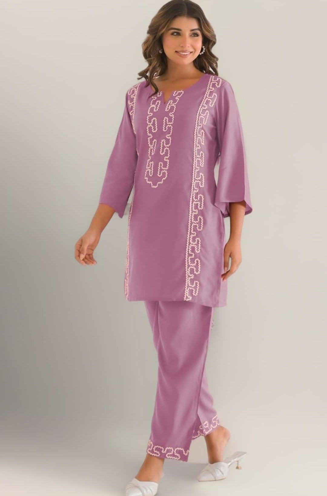 Women's Embroidered Cotton Blend Co-ord Set Pink