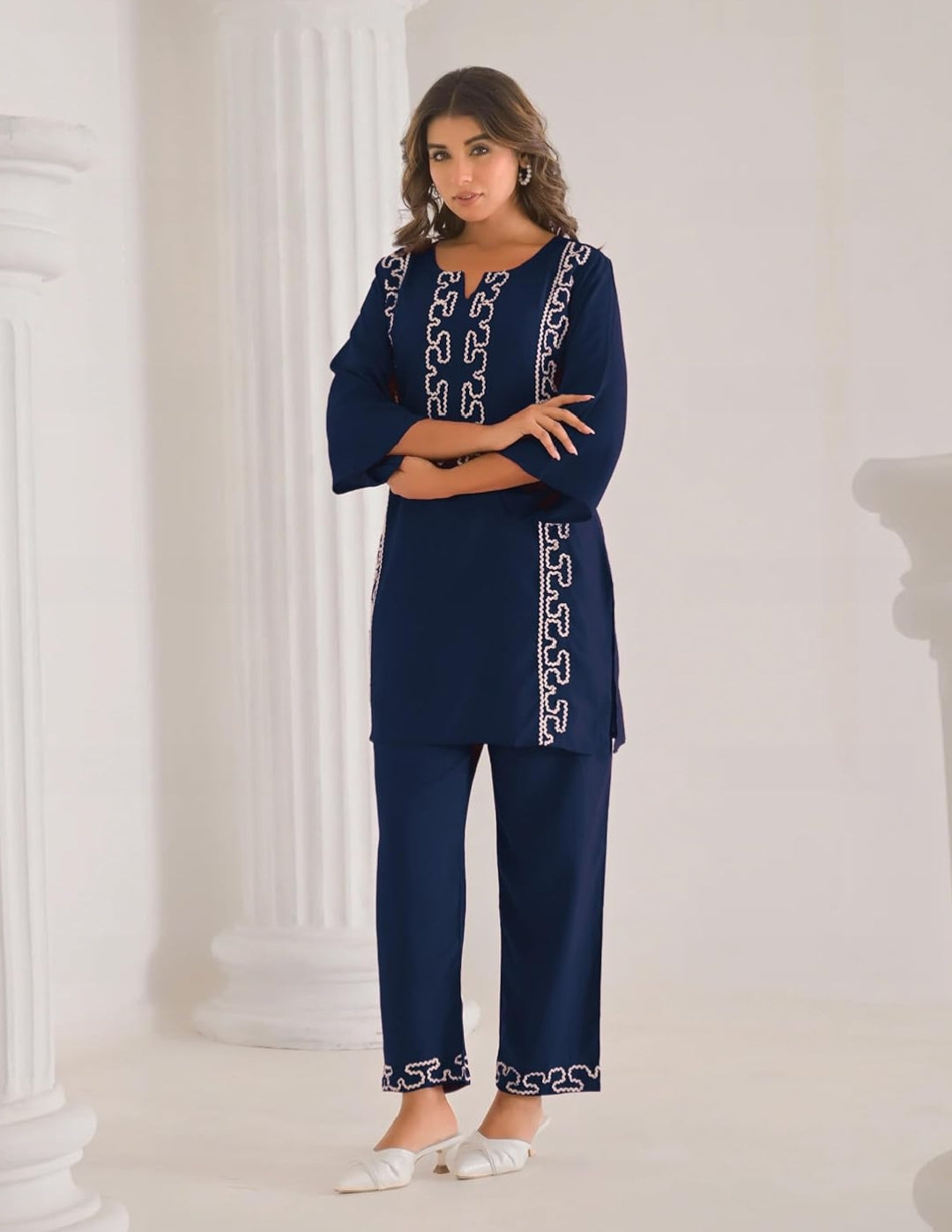 Women's Embroidered Cotton Blend Co-ord Set Blue
