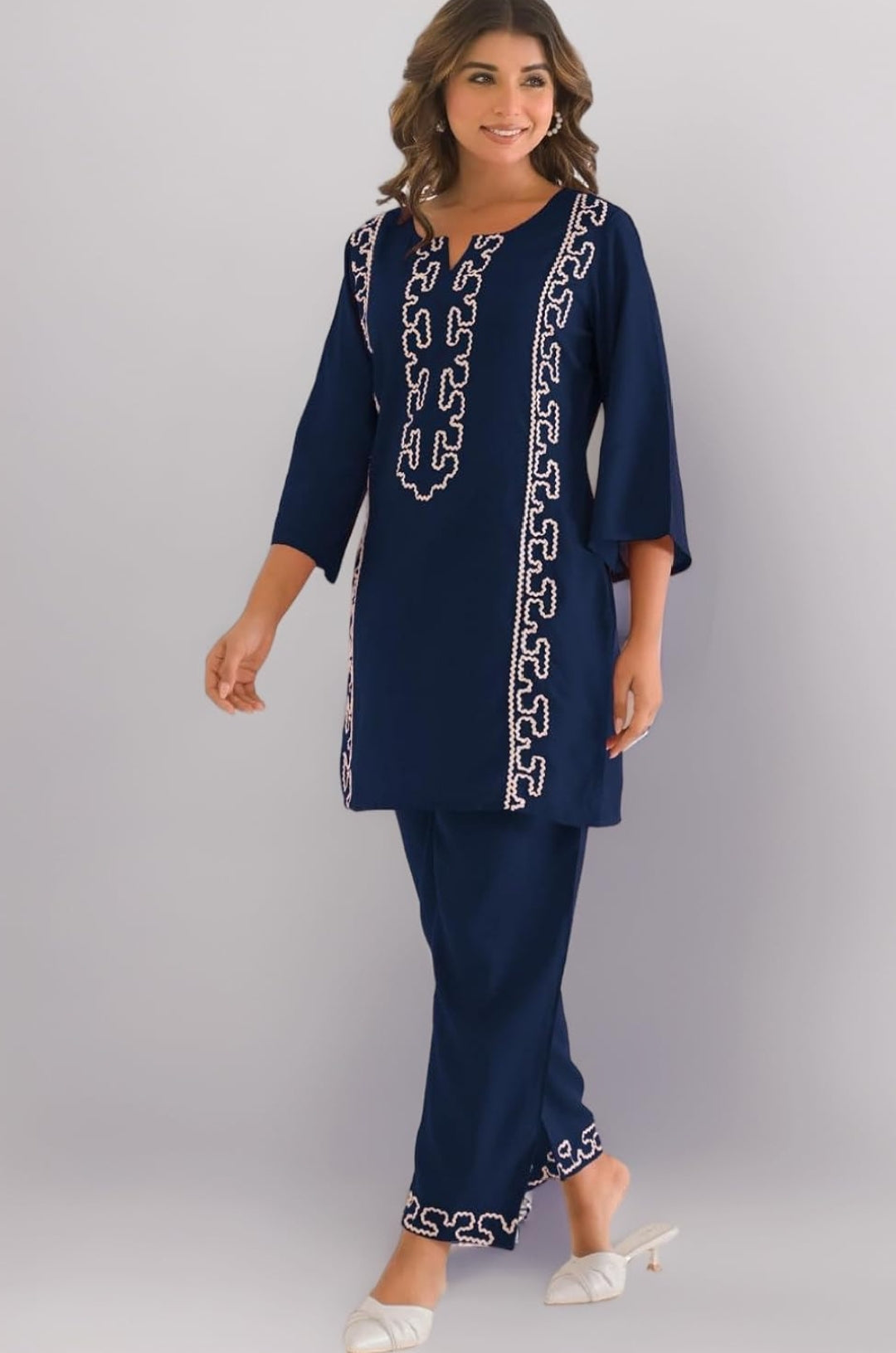 Women's Embroidered Cotton Blend Co-ord Set Blue