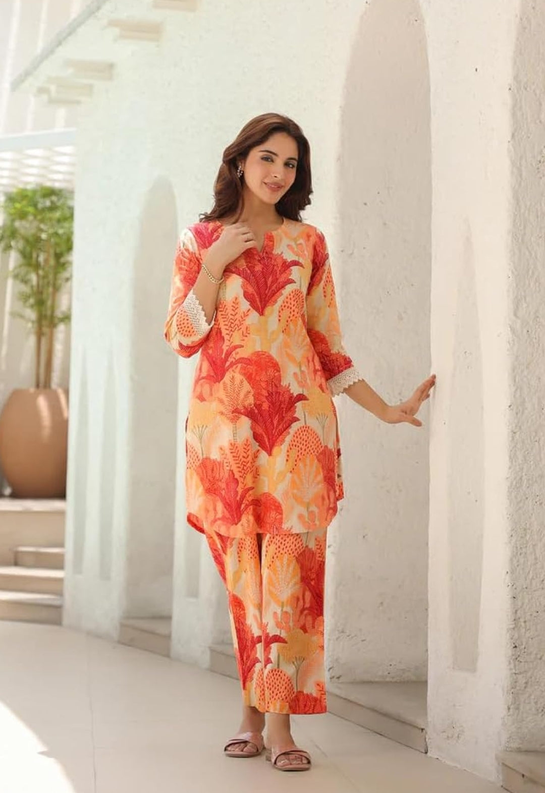 Women's Rayon Printed Co-ord Set Orange