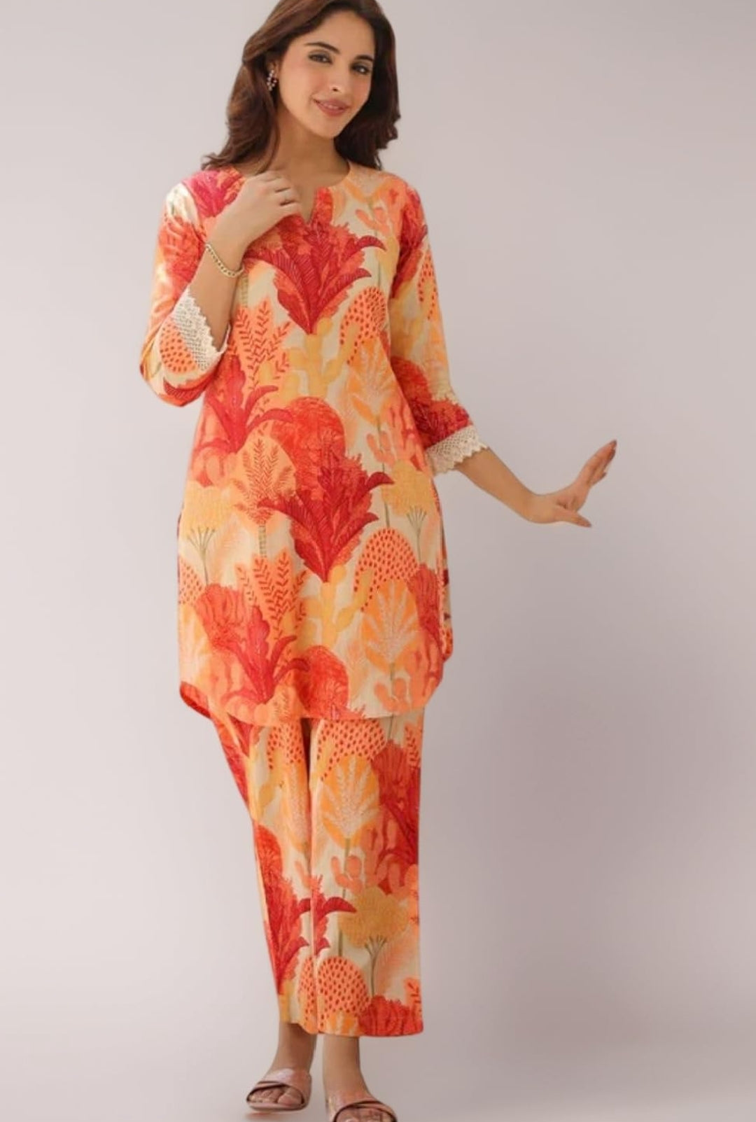 Women's Rayon Printed Co-ord Set Orange