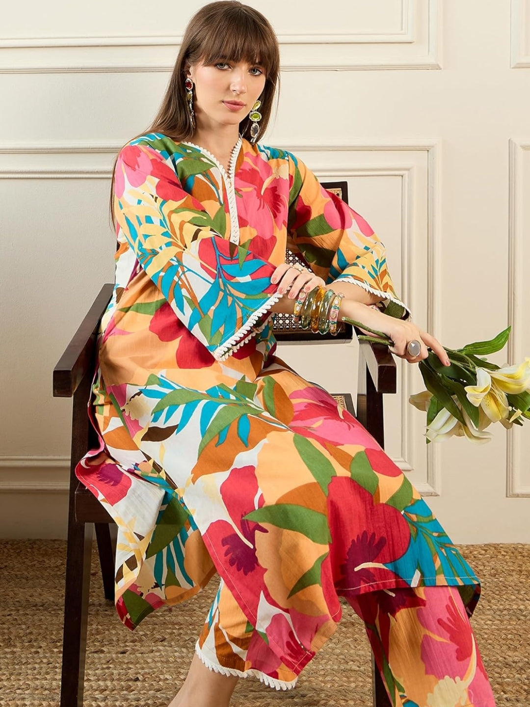 Women's Pure Cotton Printed Co-ord Set Colourful