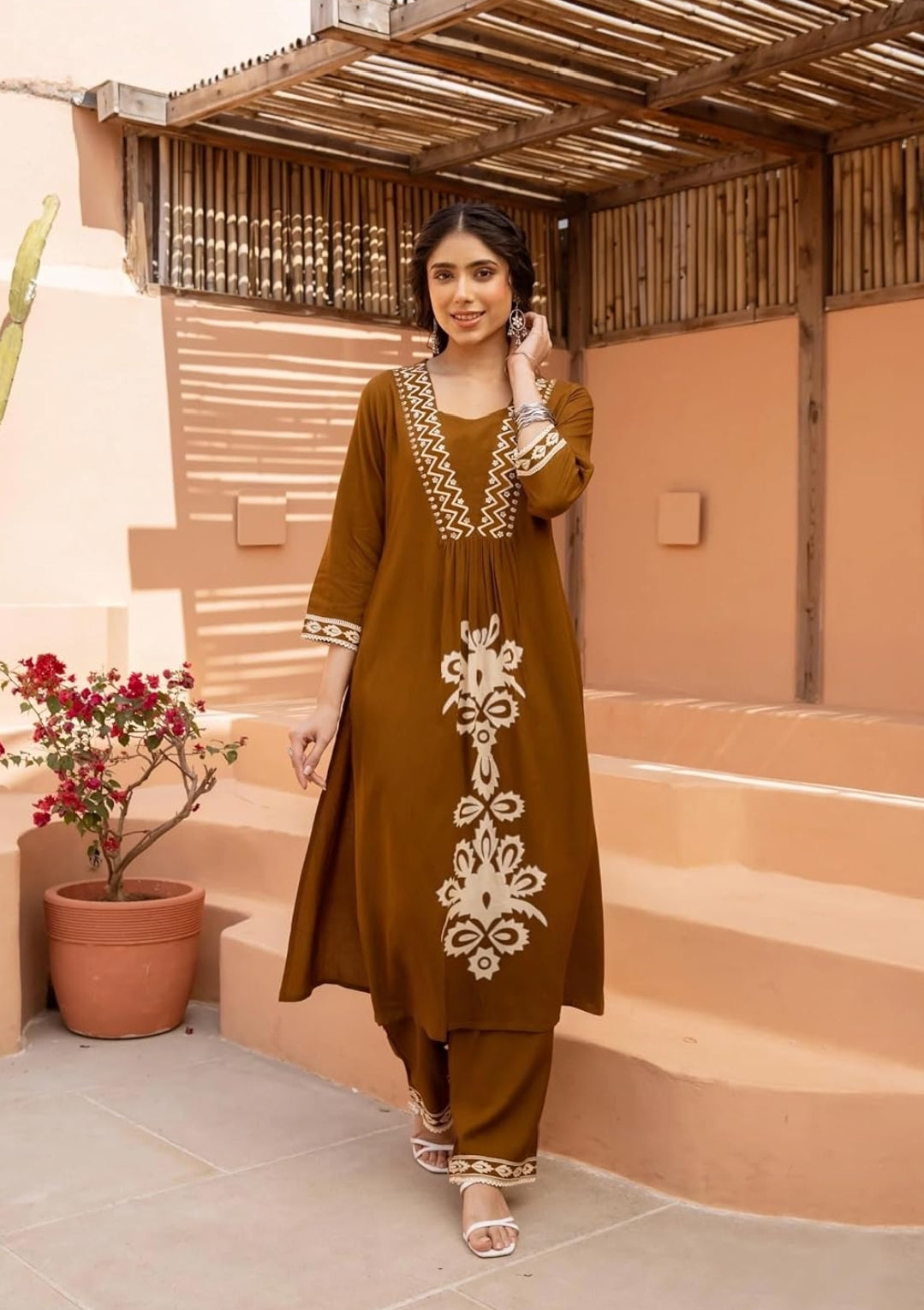 Women's Rayon Embroidered Co-ord Set Brown