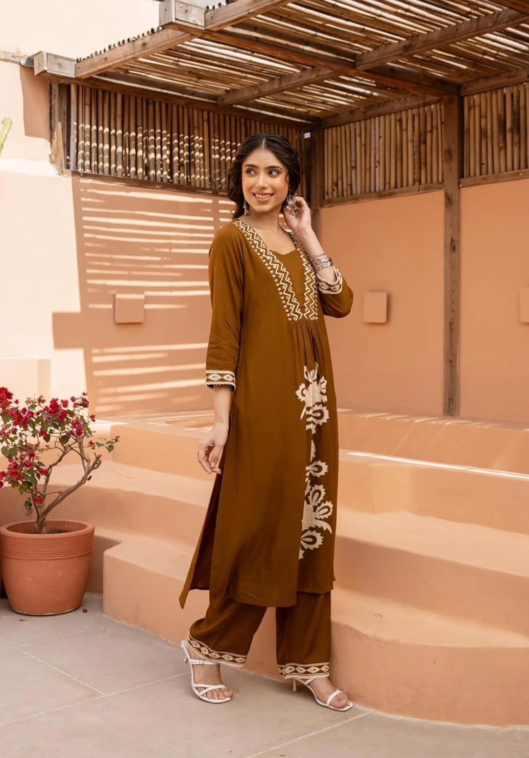 Women's Rayon Embroidered Co-ord Set Brown