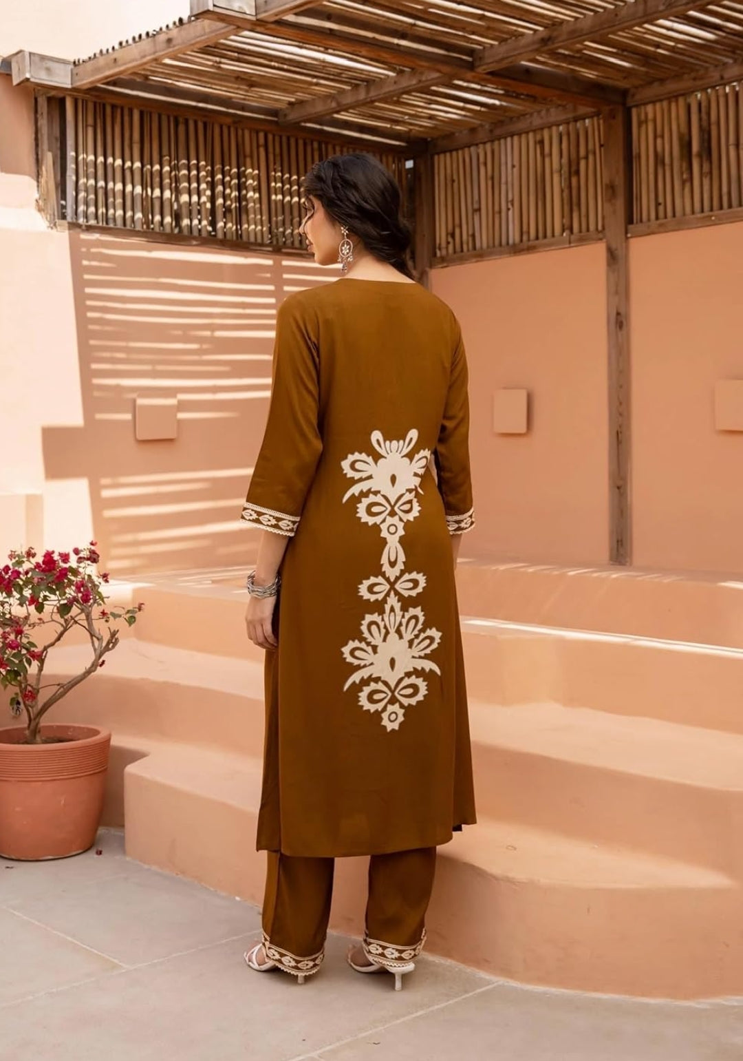 Women's Rayon Embroidered Co-ord Set Brown