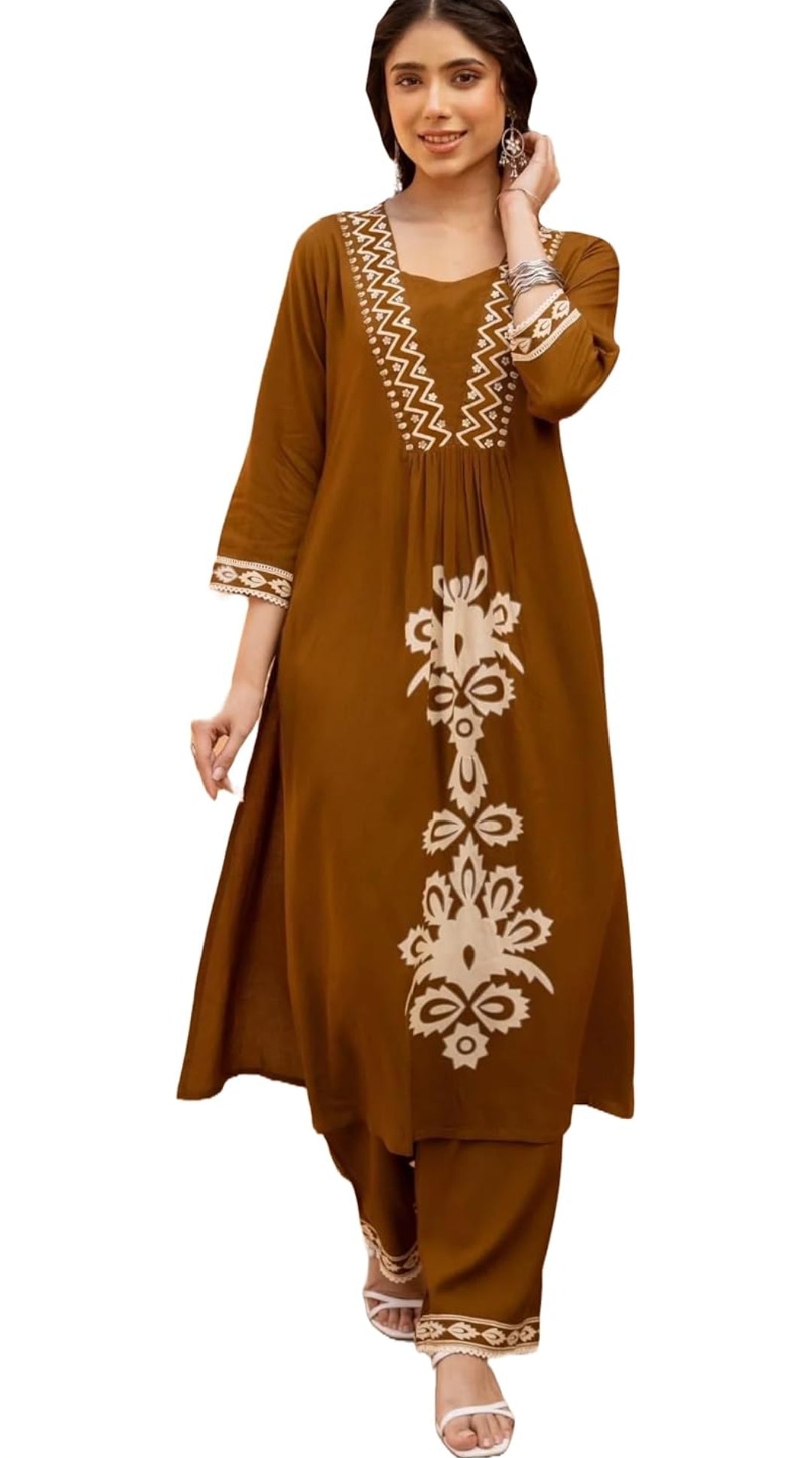Women's Rayon Embroidered Co-ord Set Brown