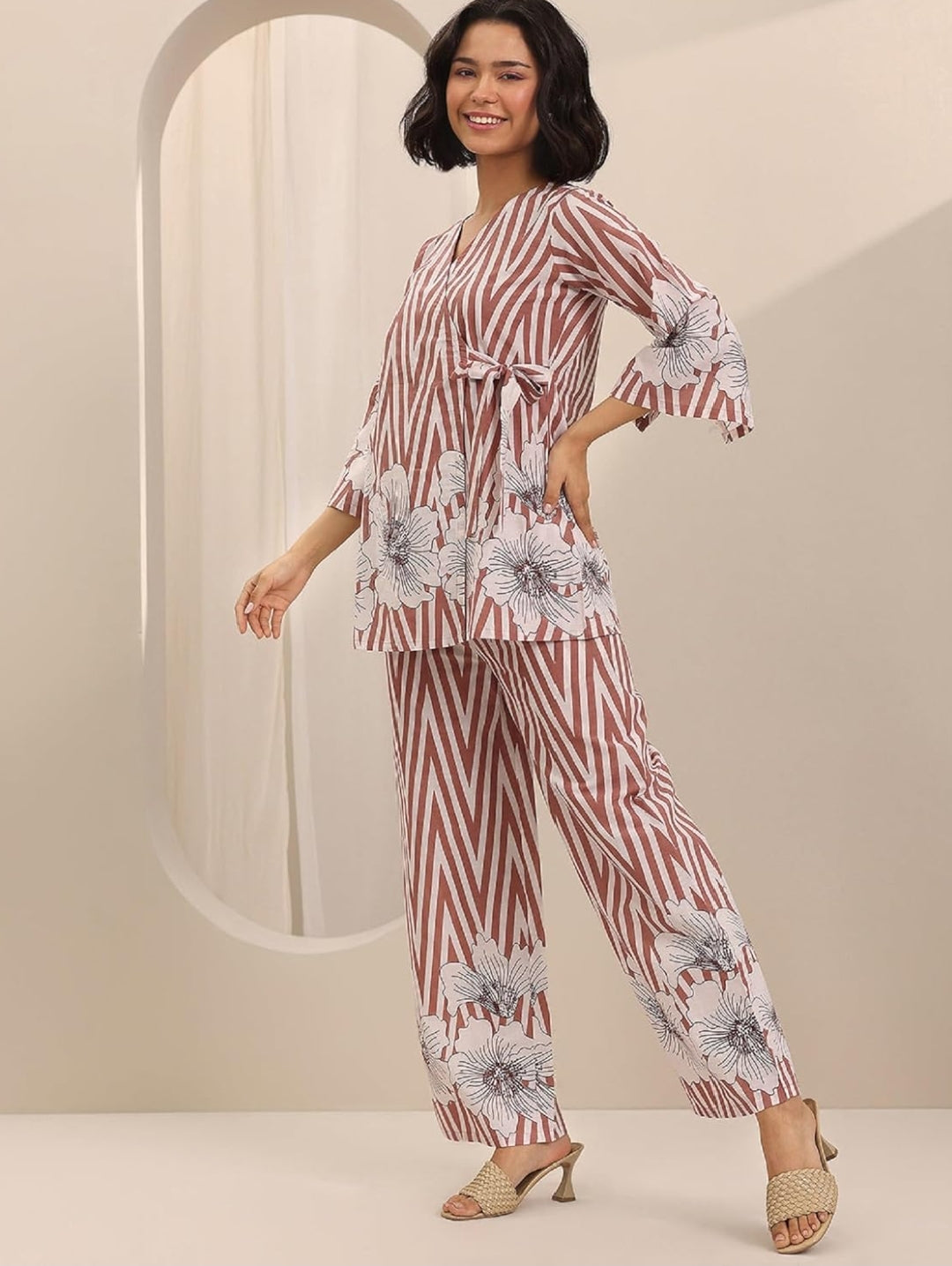 Women's Cotton Floral Striped Printed Co-ord Set