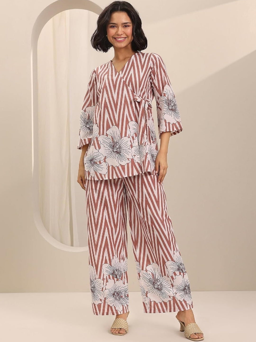 Women's Cotton Floral Striped Printed Co-ord Set