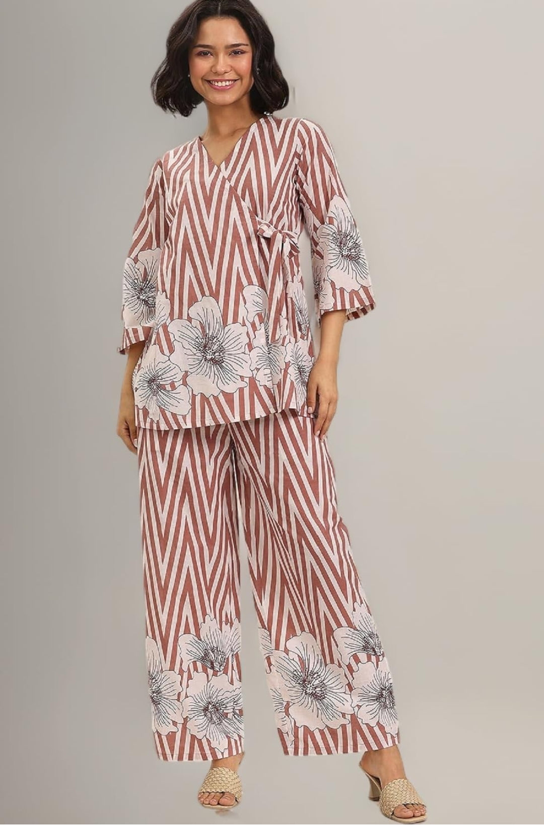 Women's Cotton Floral Striped Printed Co-ord Set
